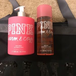 PINK bag with body spray and lotion